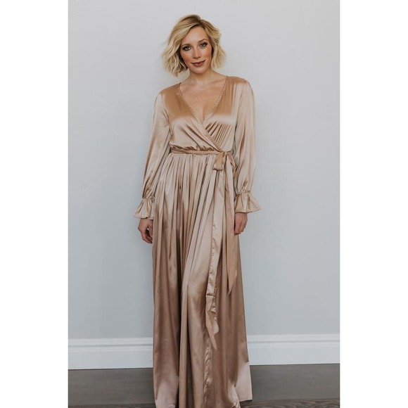 Baltic Born Dresses & Skirts - Baltic‎ Born Katya Maxi Dress Women M Gold NWT Satin Ruffle Wrap Gown DD1175